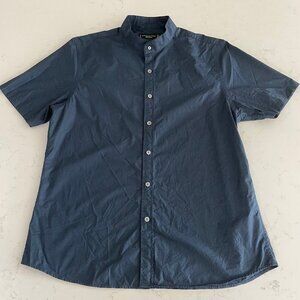 Shanghai Tang Designer SS Button Down Mandarin Collar Cotton Shirt Navy Blue L